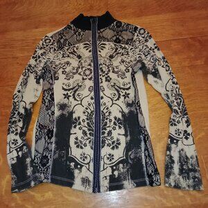 Women Skinny Minnie Mock Neck Lace Floral Zipper Top Jacket Black Taupe Small